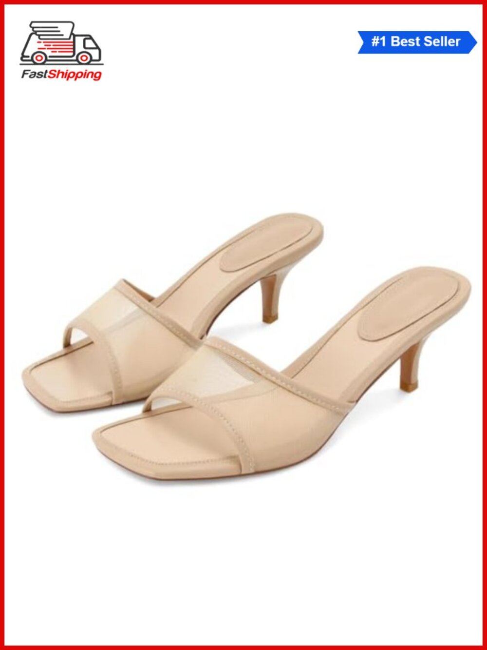 ✨ Kitten Heel Sandals Square Open Toe Slip On Slides Mule Vegan Leather Women